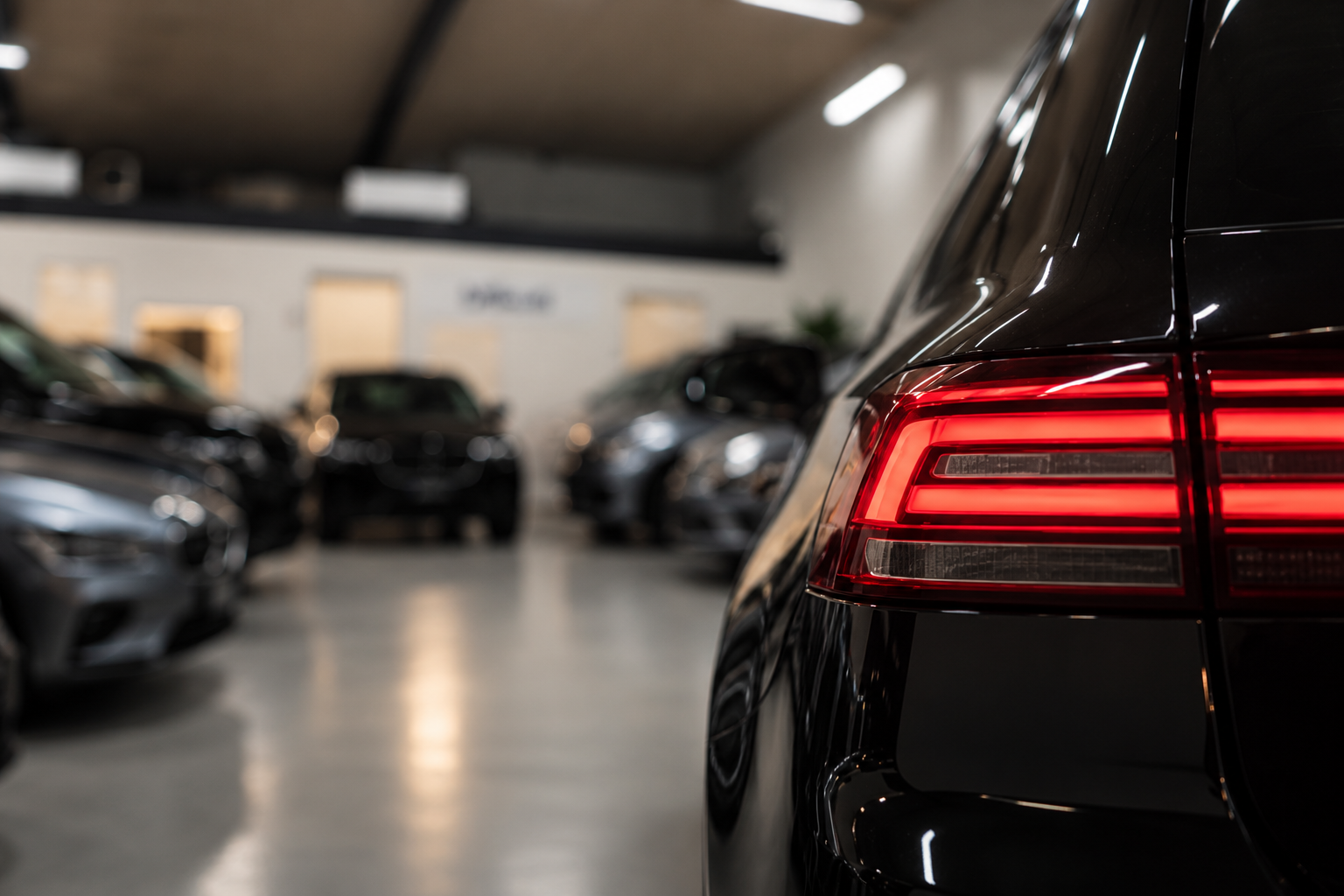 Detalje af en bils baglygte med showroomet i baggrunden